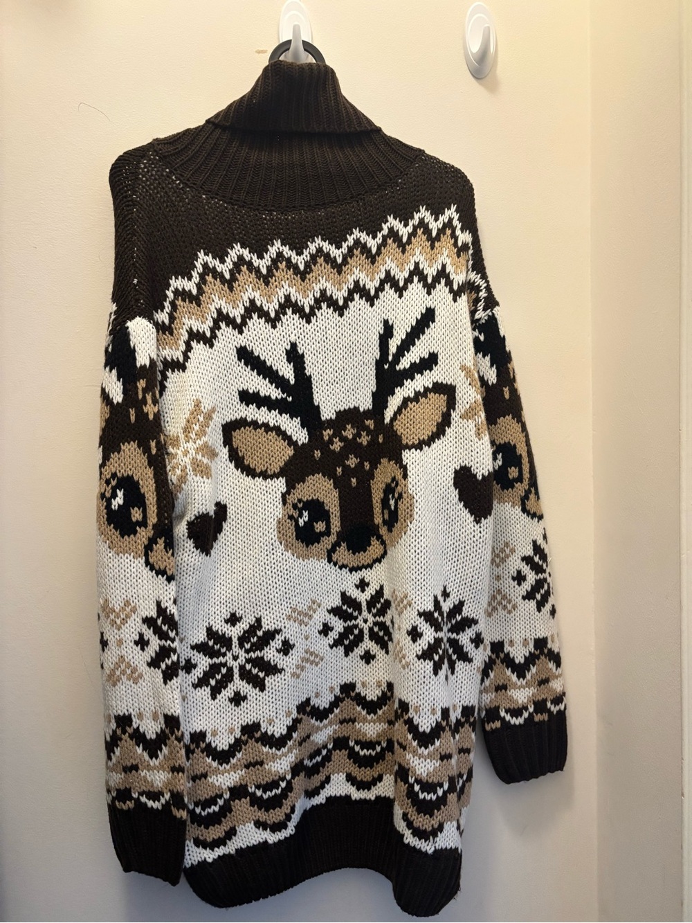 Cozy Reindeer Knit Turtleneck Sweater - Brown, White, Tan